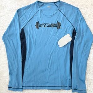 ALO Cool Fit Tee Shirt Shirt Size Medium Blue Pullover “Mother Pumper” Logo NWTs
